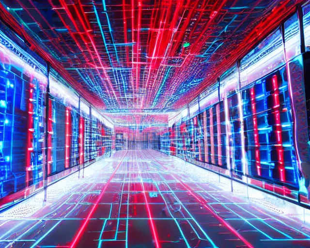Image similar to datacenter with red laser grid, server in the middle, deep view, heavy blue led lights, wires connected, award winning, extremely detailed, artstation, 8 k, incredible art