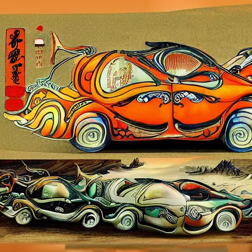 Image similar to A High quality award winning photo of a car with the bodywork painted with a ancient chine art style of the beatles, ancient china art style, car paint, ancient china style of the beatles, car paint