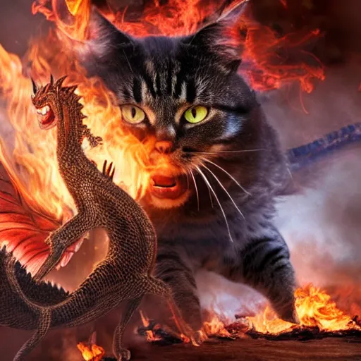 Image similar to highly detailed 4 k realistic photo of a cat battling a fire breathing dragon