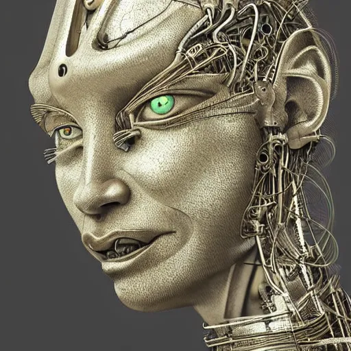 Image similar to female robot pilot, mechanical creature, electronic wires, girl face, dystopian surrealism, alex ries zdzisław beksinski giger, symmetry accurate features, very intricate details, hres, naraka buddhist demon korean female, luminous eyes, smooth marbled surfaces, cinematic smooth ceramic, deep aesthetic, concept art, carved silver texture golden cloth, highly ornate intricate details