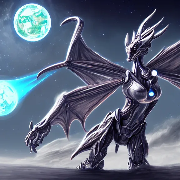 Image similar to goddess shot, galactic sized stunning hot anthropomorphic robot mecha female dragon, in space, larger than planets, holding the earth, the earth a mere marble in her claws, detailed silver armor, epic proportions, epic scale, digital art, furry, macro, dragon, giantess, warframe fanart, destiny fanart, furaffinity, deviantart, realistic