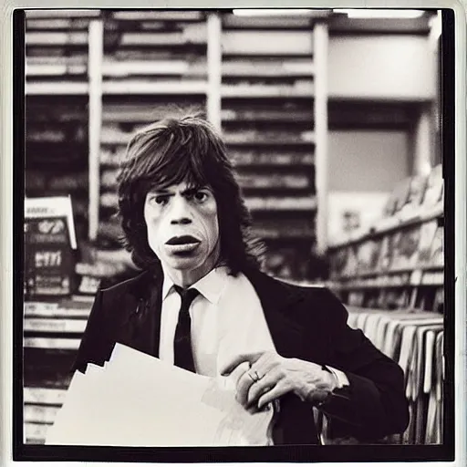 Image similar to mick jagger working in a record store in 1 9 6 9, polaroid photo, artistic, realistic, snapshot, gritty, portrait