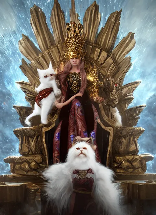 Image similar to An epic fantasy comic book style portrait painting of a white persian cat queen in throne, unreal 5, DAZ, hyperrealistic, octane render, cosplay, RPG portrait, dynamic lighting