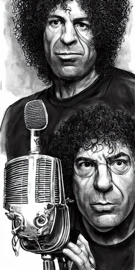Image similar to Joe Rogan as Howard Stern talking into a microphone, single subject portrait, intricate, highly detailed, concept art, smooth, sharp focus