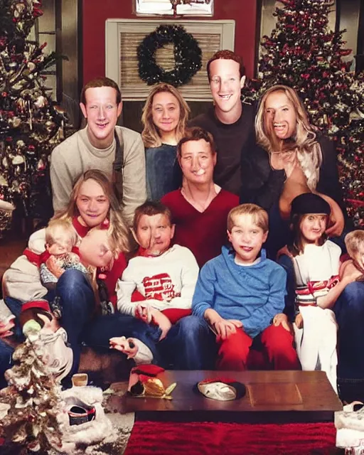 Image similar to postcard showing 'zuckerberg's christmas family pictures' laying on coffee table, zoomed out, HD, iphone capture