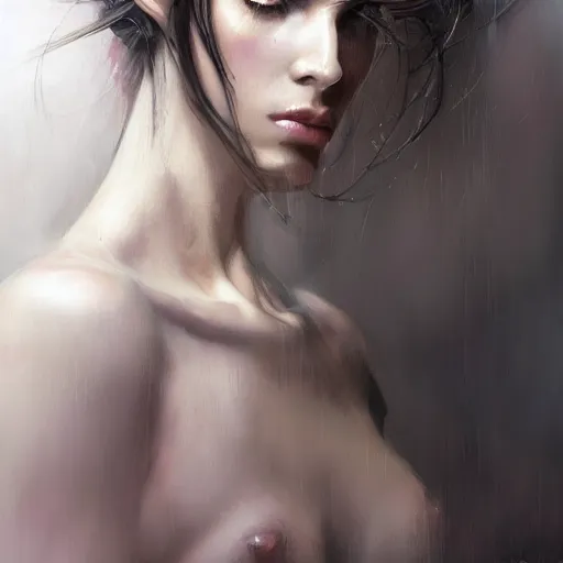 Image similar to tattoo design, a professional painting of a beautiful young female, partially clothed in battle armor, olive skin, long dark hair, beautiful bone structure, symmetrical facial features, intricate, elegant, digital painting, concept art, smooth, sharp focus, illustration, from Metal Gear, by Ruan Jia and Mandy Jurgens and Greg Rutkowski and Artgerm and William-Adolphe Bouguerea and artgerm, cat girl, anime