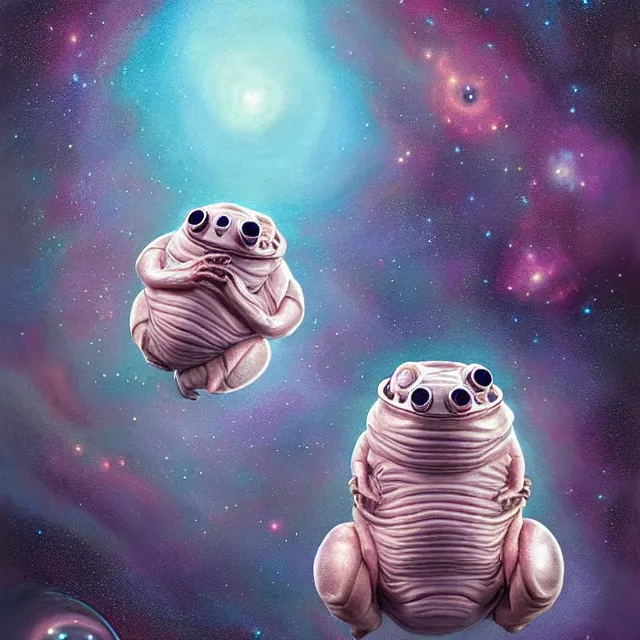 Image similar to a highly detailed tardigrade, it has a beautiful unconventional face, floating through deep space, elegant, hyperrealistic, digital painting, artstation, realism, concept art, pop, smooth, mythological, sharp focus, qualia, illustration, art by mark ryden 3 d 8 k ultra detailed