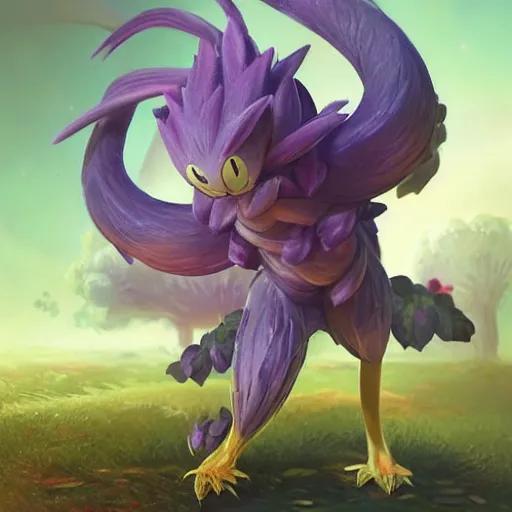 Image similar to a cute beautiful plant type pokemon with happy cute smile, purple feathers grow out of his hair, full body portrait, highly detailed digital art, 3 d perspective, award - winning illustration, aesthetic, smooth, pokemon style, made by greg rutkowski, with an alien landscape in the background