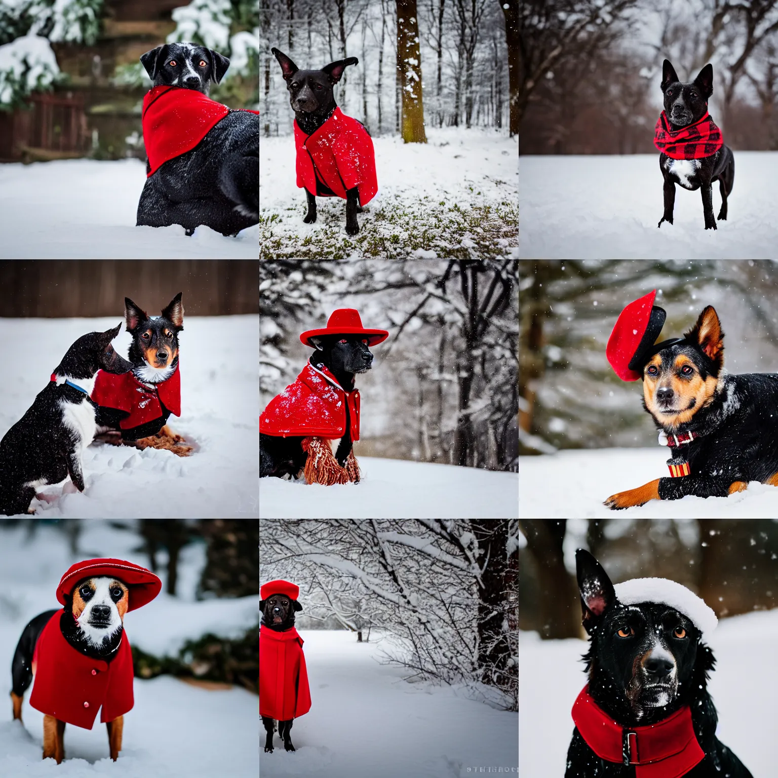 Prompt: a portrait of a yorkshire dog wearing a red coat and a black cowboy hat in the snow, Sigma 85mm f/1.4