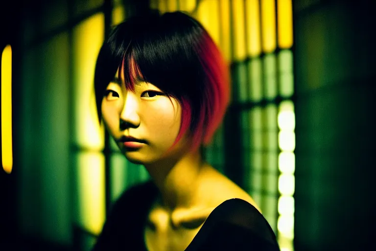 Prompt: photography masterpiece by haruto hoshi and yang seung woo, flash photography portrait of a beautiful japanese woman with dyed hair sitting in a inside a kyabakura night club, shot on a canon 5 d mark iii with a 3 5 mm lens aperture f / 5. 6, dslr camera, film grain, dynamic composition, high camera angle, close up, full res