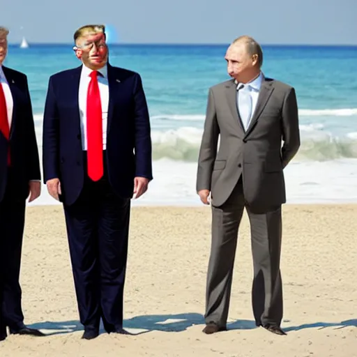 Prompt: trump and putin on a beach with a cocktail