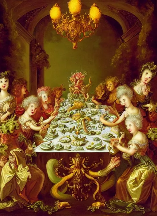 Prompt: a rococo painting of aliens eating at a banquet, dramatic painting, symmetrical composition, ornate, high detail, blooming, lights, flowers,