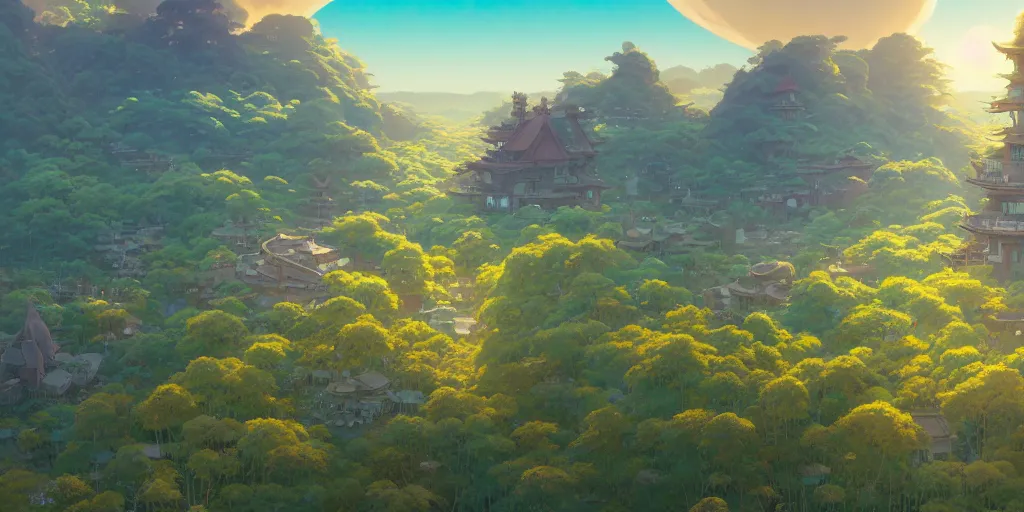 Image similar to highly detailed vfx panoramic landscape of studio ghibli, stephen bliss, unreal engine, greg rutkowski, loish, rhads, beeple, makoto shinkai and lois van baarle, ilya kuvshinov, rossdraws, tom bagshaw, alphonse mucha, global illumination, detailed and intricate environment