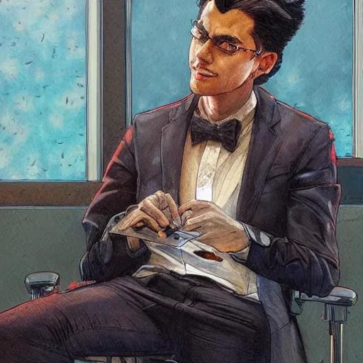 Prompt: a beautiful artwork of a young male scientist with black hair sitting on a chair at a desk by Jerome Opeña, featured on artstation