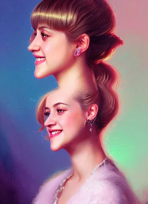 Image similar to portrait of lili reinhart with fluffy bangs, smiling kindly, bangs, 1 9 6 0 s, ponytail, fluffy bangs and ponytail, intricate, elegant, glowing lights, highly detailed, digital painting, artstation, concept art, smooth, sharp focus, illustration, art by wlop, mars ravelo and greg rutkowski