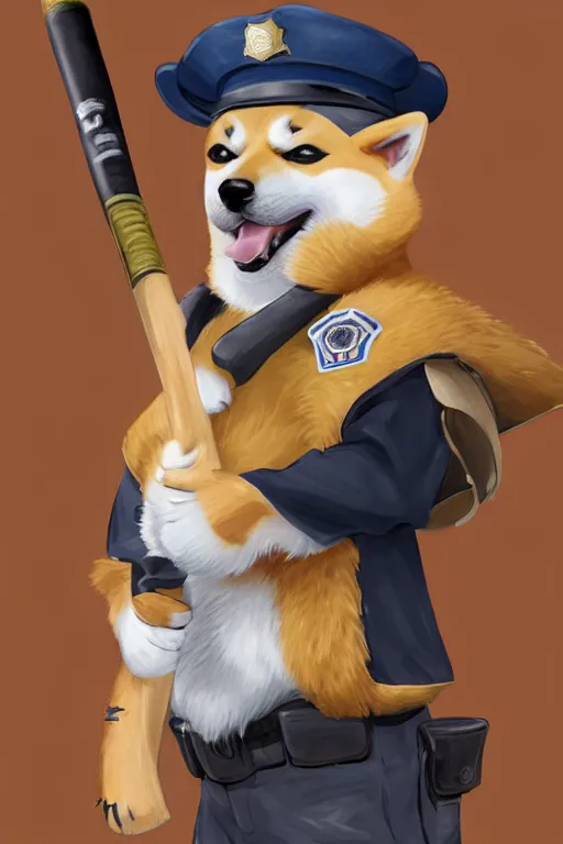 Image similar to shiba inu holding a baseball bat, wearing a police uniform on his bady, wearing a japanese traditional hat on his head, character design, highly detailed digital art, atmosphere, cinematic lightning, hyperrealistic, focused, extreme details, 4 k, ultra detailed, trending on artstation, masterpiece