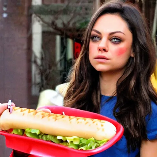 Image similar to mila kunis eating a hot dog with chopsticks, mixed with party clowns