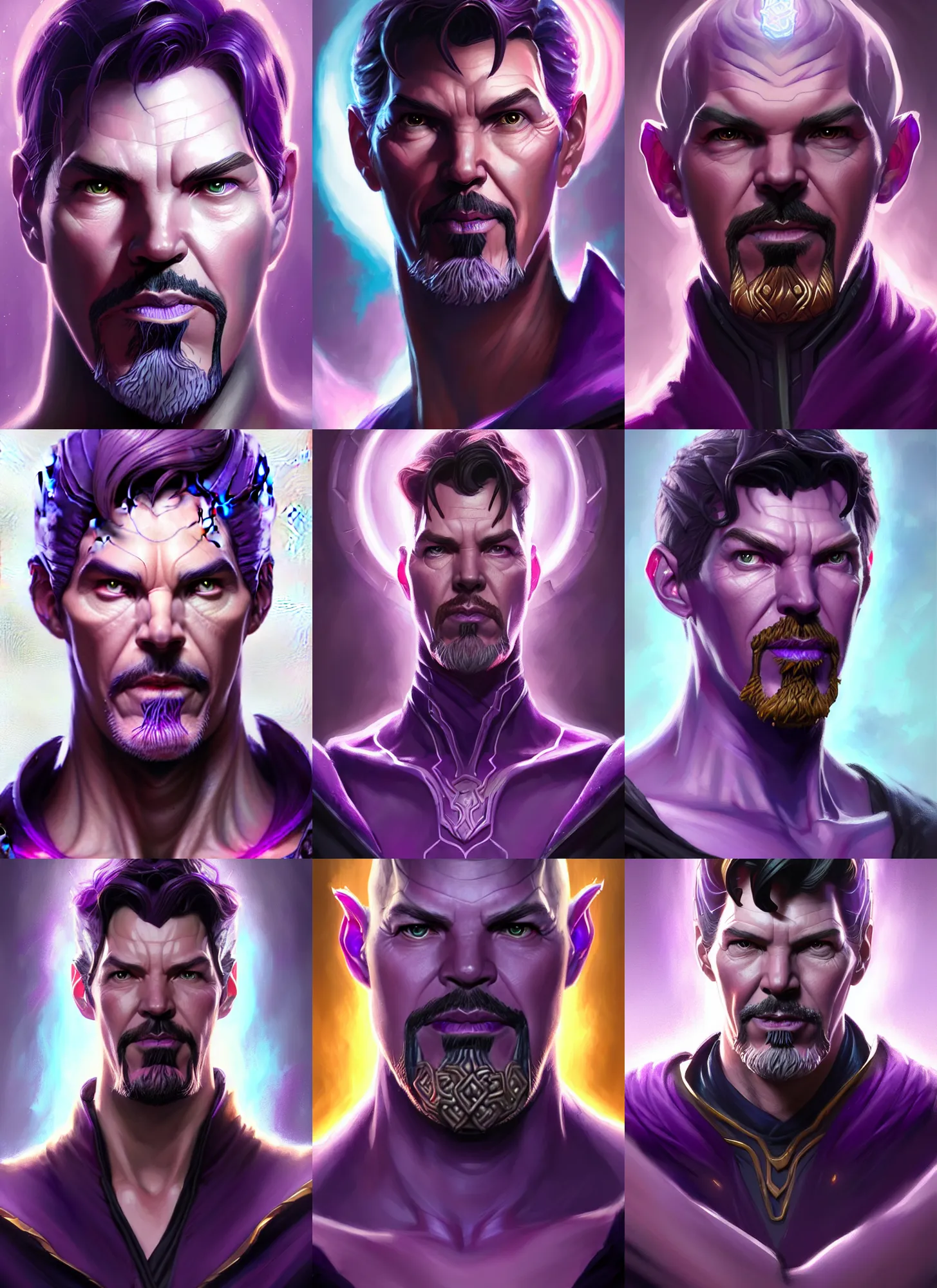 Prompt: a fantasy style portrait painting a character if stephen strange and thanos had a son, purple skin, powerful chin, thanos style traits, painting, unreal 5, daz., rpg, portrait, extremely detailed, artgerm greg rutkowski _ greg