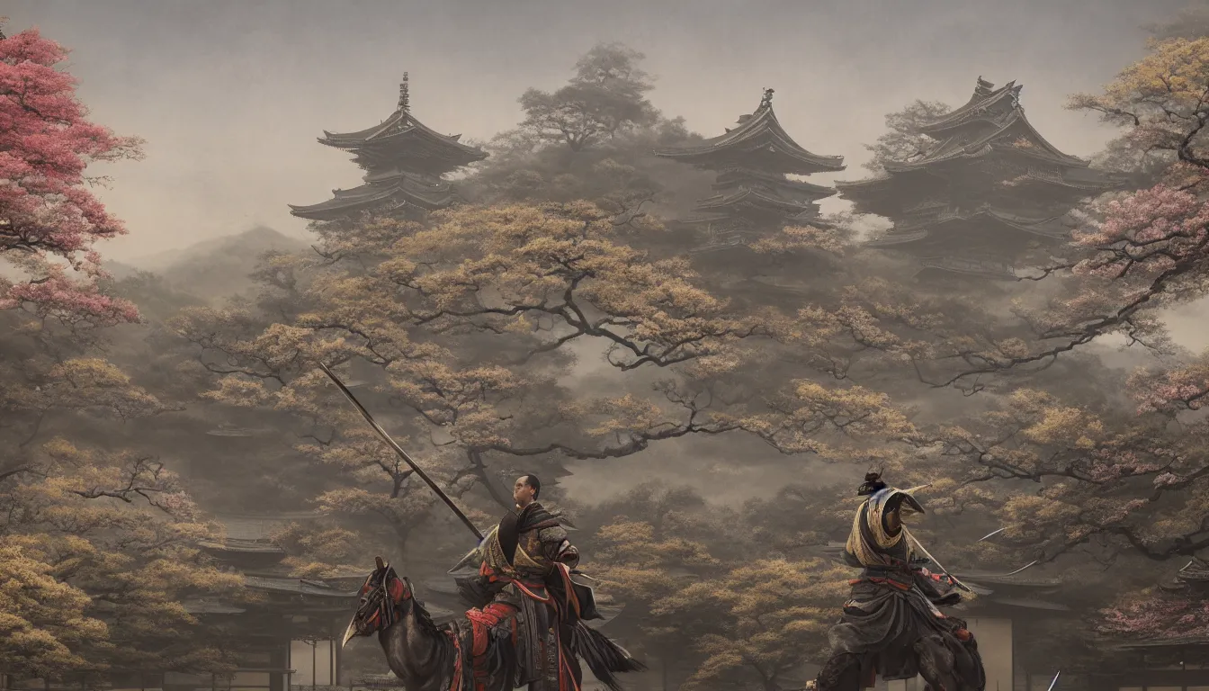 Image similar to a detailed matte painting of a Samurai holding a katana, Shinto temple in the background, Sakura garden, art by Greg Rutkowski, highly detailed, 8k