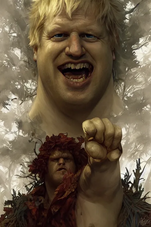 Image similar to portrait of boris johnson as a hulking herculean demon, forest, godlike, full body, fantasy, intricate, elegant, highly detailed, digital painting, artstation, concept art, sharp focus, illustration, art by artgerm and greg rutkowski and alphonse mucha