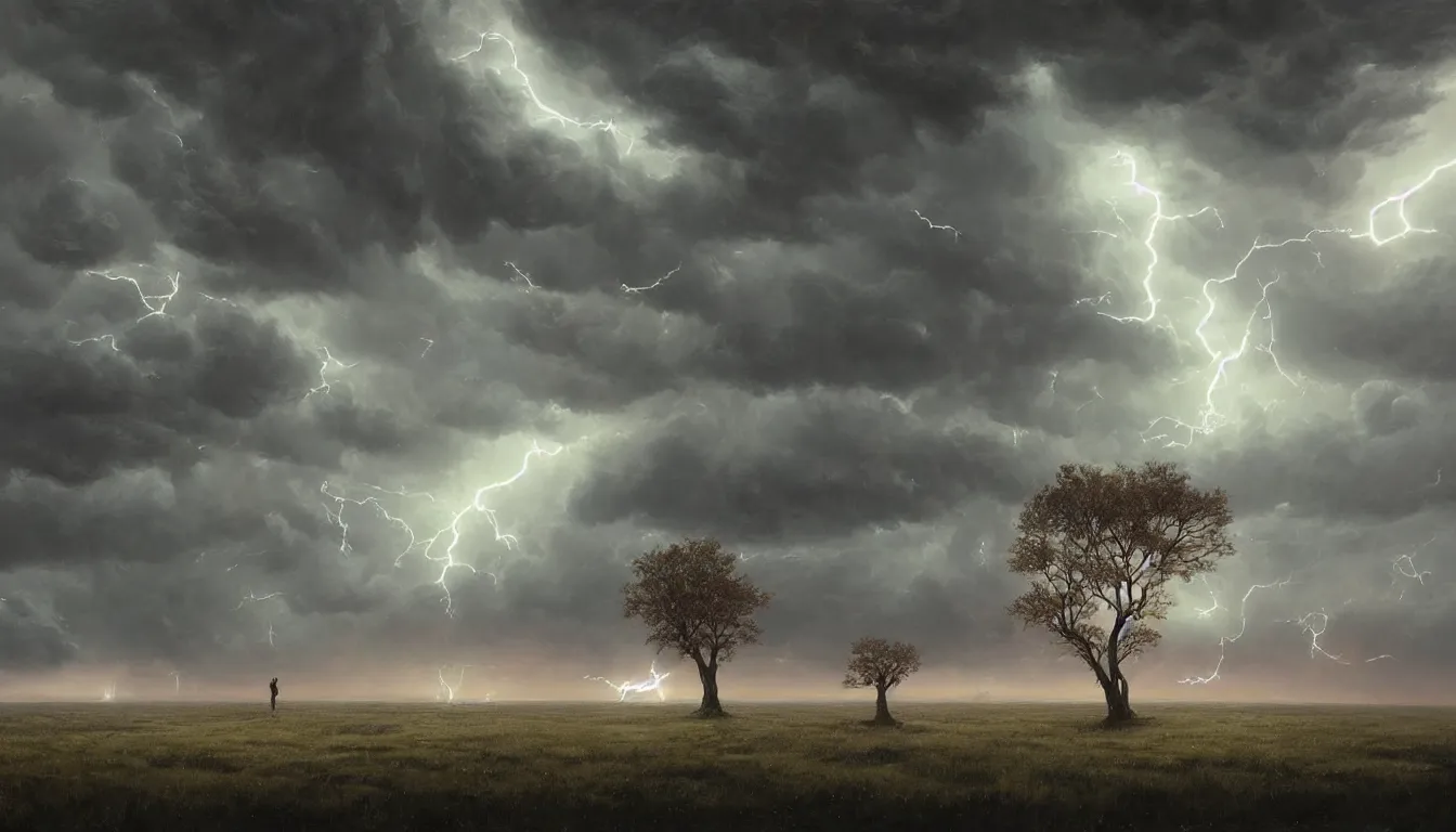 Image similar to a highly detailed epic cinematic concept art CG render digital painting artwork: Lone tree in lightning storm. By Greg Rutkowski, in the style of Francis Bacon and Syd Mead and Norman Rockwell and Beksinski, open ceiling, highly detailed, painted by Francis Bacon and Edward Hopper, painted by James Gilleard, surrealism, airbrush, Ilya Kuvshinov, WLOP, Stanley Artgerm, very coherent, triadic color scheme, art by Takato Yamamoto and James Jean