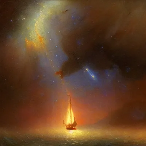 Image similar to sailing ship, cosmic nebula!!!!!!!!!!!!!, artstation, by andrea rocha, by ivan aivazovsky, by john harris, impressionism, watercolor, dramatic scenery, hdr