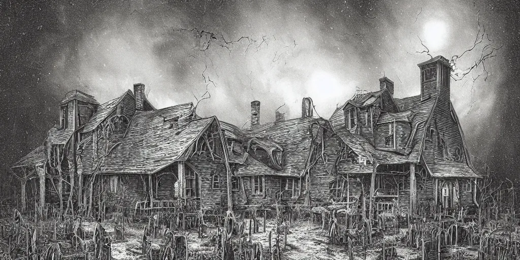 Prompt: a spooky farmhouse, tense horror atmosphere, rural village, cthulhu mythos, by michael whelan