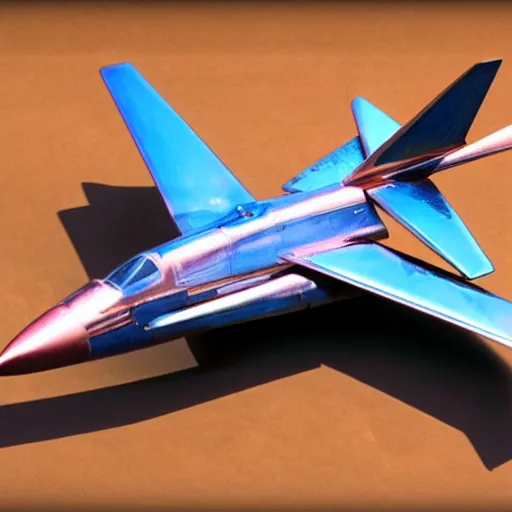 Image similar to Chrome fighter jet, blue and orange chrome, shiny, desert chrome, 19801980s airbrushed chrome