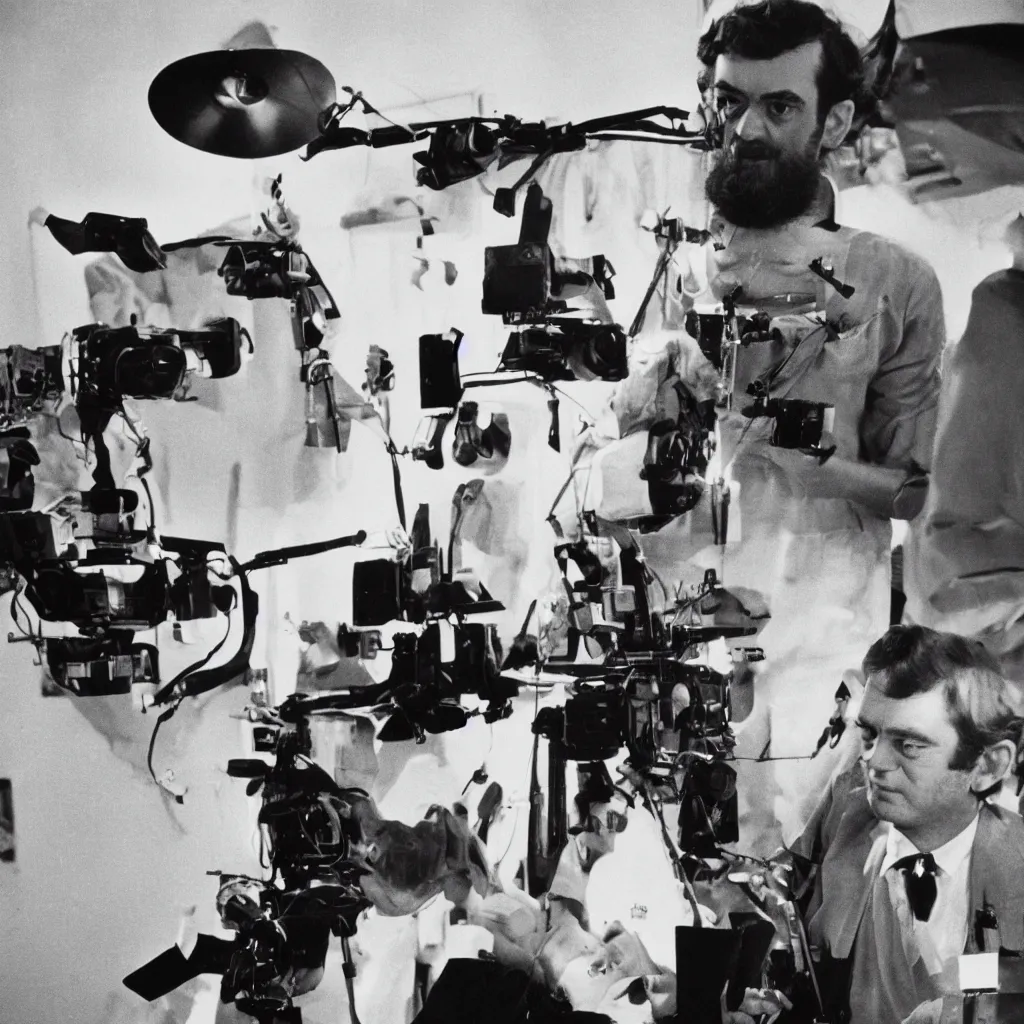 Image similar to a 1960s portrait photo of Stanley Kubrick on a movie set of the moon, 8K HD, old photo, highly detailed