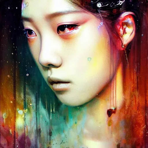 Image similar to jisoo of blackpink, snake, hyperrealistic portrait, bladerunner street, by karol bak and agnes cecile, album cover, fantasy art, photo realistic, dynamic lighting, artstation, poster, volumetric lighting, very detailed face, 8 k, award winning