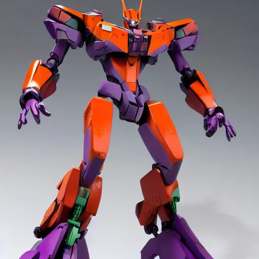 Image similar to a long shot of a jaeger which based on the concept of evangelion unit 01, green + orange + purple, with tail, animal style head, in the style of the movie pacific rim, detailed, 4k, painted by Ashley Wood