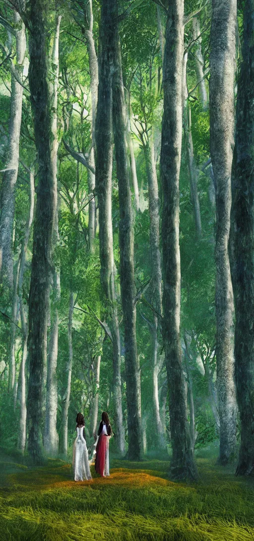 Prompt: intricate color photo of young lovers in a fantasy forest of tall trees 8 k octane beautifully detailed render by best painter in the world