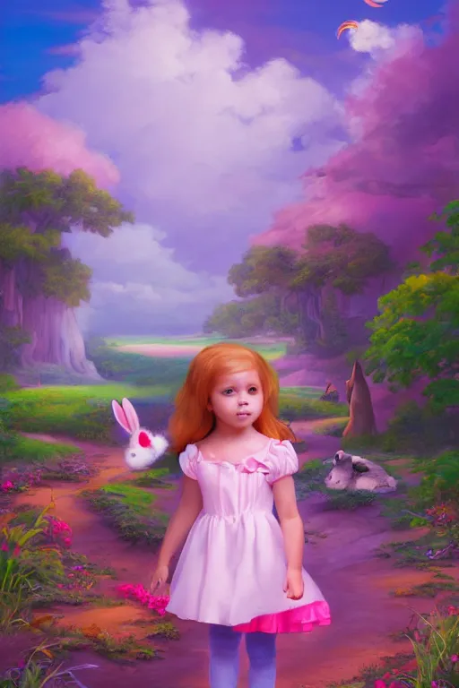 Image similar to matte sharp painting cute little girl and rabbit landscape painted by mark rydel and lisa frank, on artstation behance