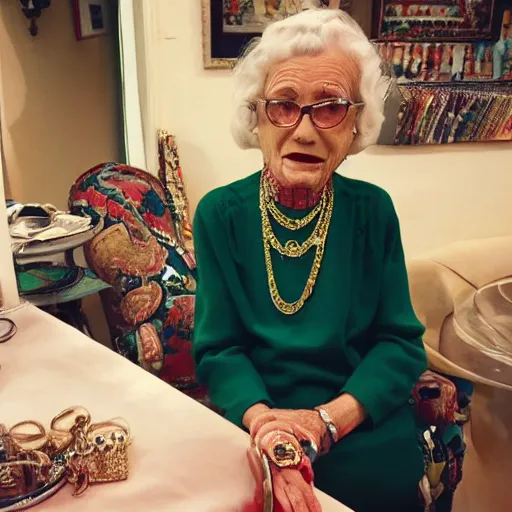 Image similar to an old woman in the 50's wearing gucci and versace jewlerry