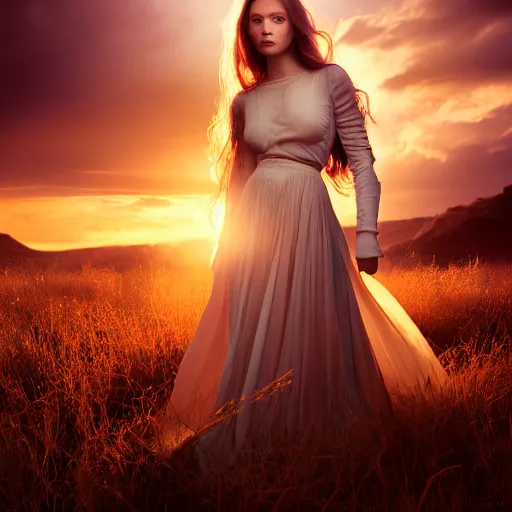 Image similar to photographic portrait of a stunningly beautiful female alchemist with spells in soft dreamy light at sunset, contemporary fashion shoot, by edward robert hughes, annie leibovitz and steve mccurry, david lazar, jimmy nelsson, breathtaking, 8 k resolution, extremely detailed, establishing shot, artistic, hyperrealistic, perfect face, octane render