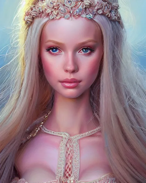 Image similar to human barbie portrait | highly detailed | very intricate | symmetrical | whimsical and magical | soft cinematic lighting | award - winning | closeup portrait | barbie doll | painted by donato giancola and mandy jurgens and charlie bowater | pastel color palette | featured on artstation