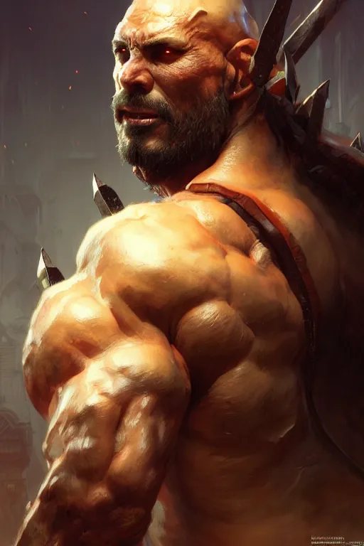 Prompt: a game art portrait of a handsome muscular male berserker by Marc Simonetti, Greg Rutkowski and Wayne Barlowe, hyperrealism, very detailed, Vray, Rembrandt lighting, artstation, Deviantart, fantasy art, rpg portrait