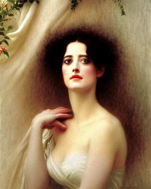 Image similar to portrait en buste of eva green vesper lynd vannessa ives by Pierre Auguste Cot, perfectly detailed eyes, realistic fabric, abundant detail