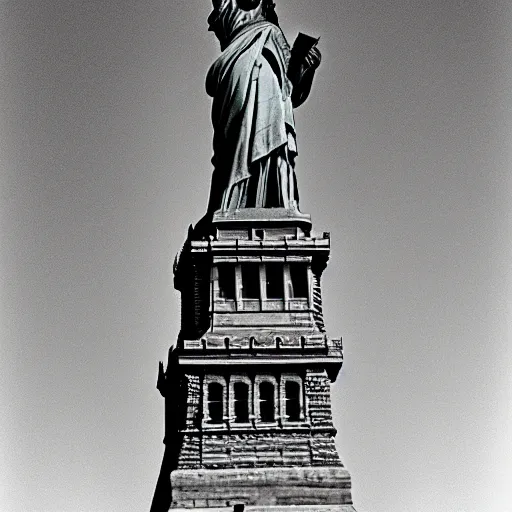 Image similar to The Statue of Liberty walks in the middle of the 5th avenue. The Statue of Liberty has large legs so that she can walk. With her arms, the Statue of Liberty crushes buildings, cars and people. In the background New-York is in flames