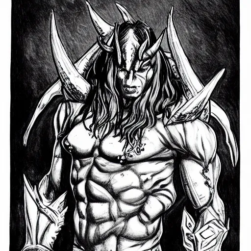 Image similar to illidan stormrage engraving, ink, black and white