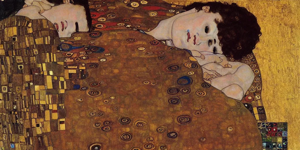 Prompt: klimt is painting with schiele ， by leonardo da vinci