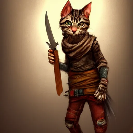 Prompt: humanoid homeless cat wearing rags and holding a dagger, concept art, d & d, fantasy, trending on artstation