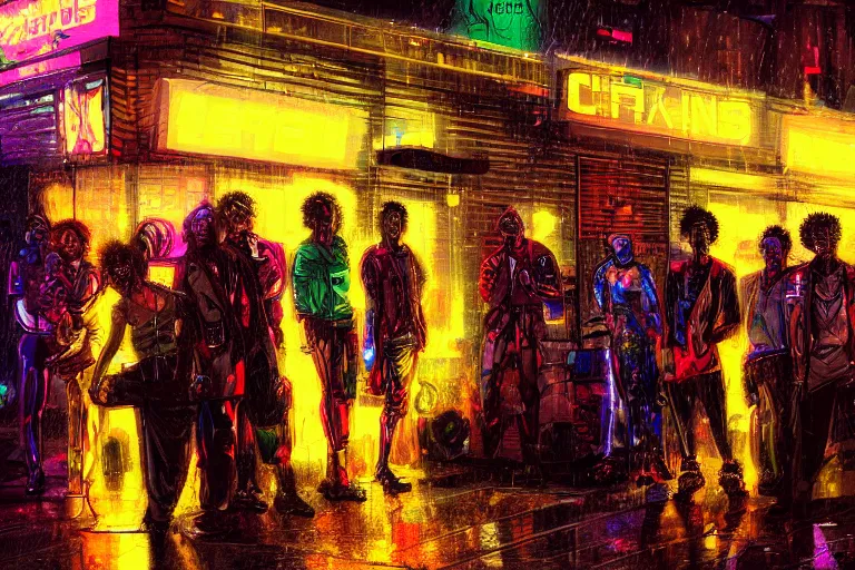 Image similar to a stunning illustration of a group of Afrofuturist cyberpunks standing outside a bar, raining, neon reflections, strong lighting, highly detailed, by Antunesketch, HD, 4K