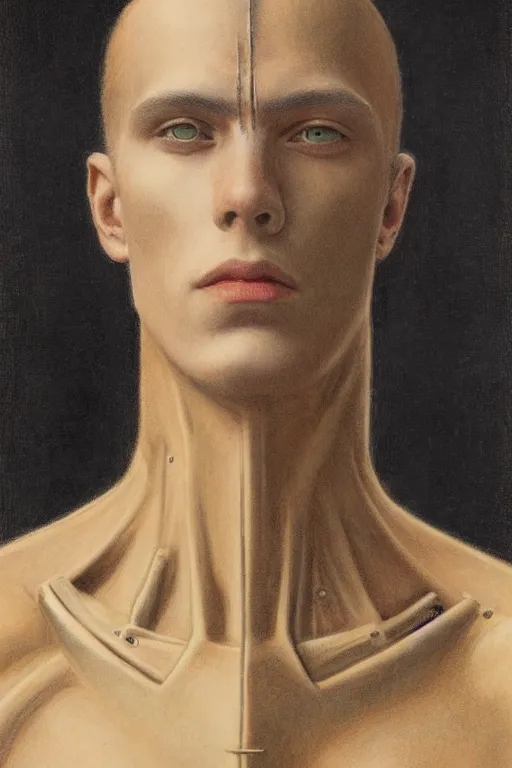 Image similar to portrait of beautiful gothic and futuristic young man, warhammer, cyber armor, a lot of more and more scars, thunderstorm and fire, black head, the middle ages, highly detailed, artstation, illustration, more and more composision, 8 k quality, art by jean delville, rene magritte