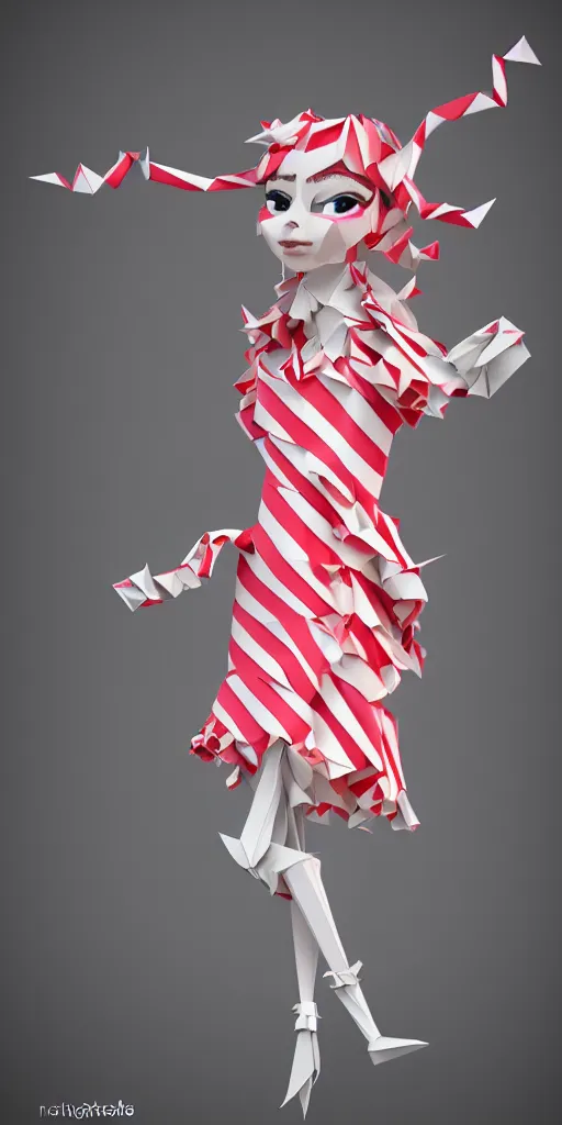 Prompt: anthropomorphic candy woman wearing a flowing paper couture dress striped like a candy cane, paper candy people, paper origami candy, pastel lighting, 3D, very detailed, octane render, trending ArtStation, artgem