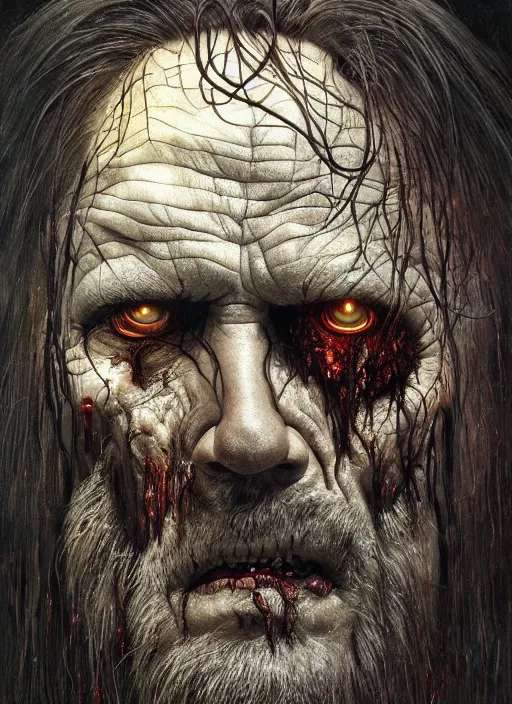 Image similar to portrait of a 6 0 year old giant man zombie wiking with long tattered tangles of thinning black hair, eerie glowing eyes, wall hanging trophy taxidermy, hyper realistic head, fantasy art, in the style of greg rutkowski, zdizslaw beksinski, intricate, alphonse mucha, hyper detailed, smooth