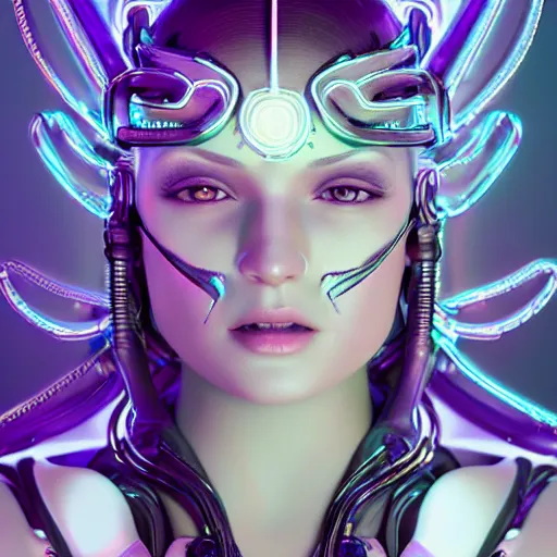 Prompt: symmetrical feminine cyborg goddess rendered in Cinema 4D and Octane and Unreal Engine 5, elegant cybernetic body and ornate futuristic robes, glowing white neon eyes, platinum and obsidian flowing long hair, art by Artgerm, Beeple and Alphonse Mucha, hyperrealism, full body photogenic shot, digital render, cinematic lighting ornate earrings, 8k resolution, masterpiece work