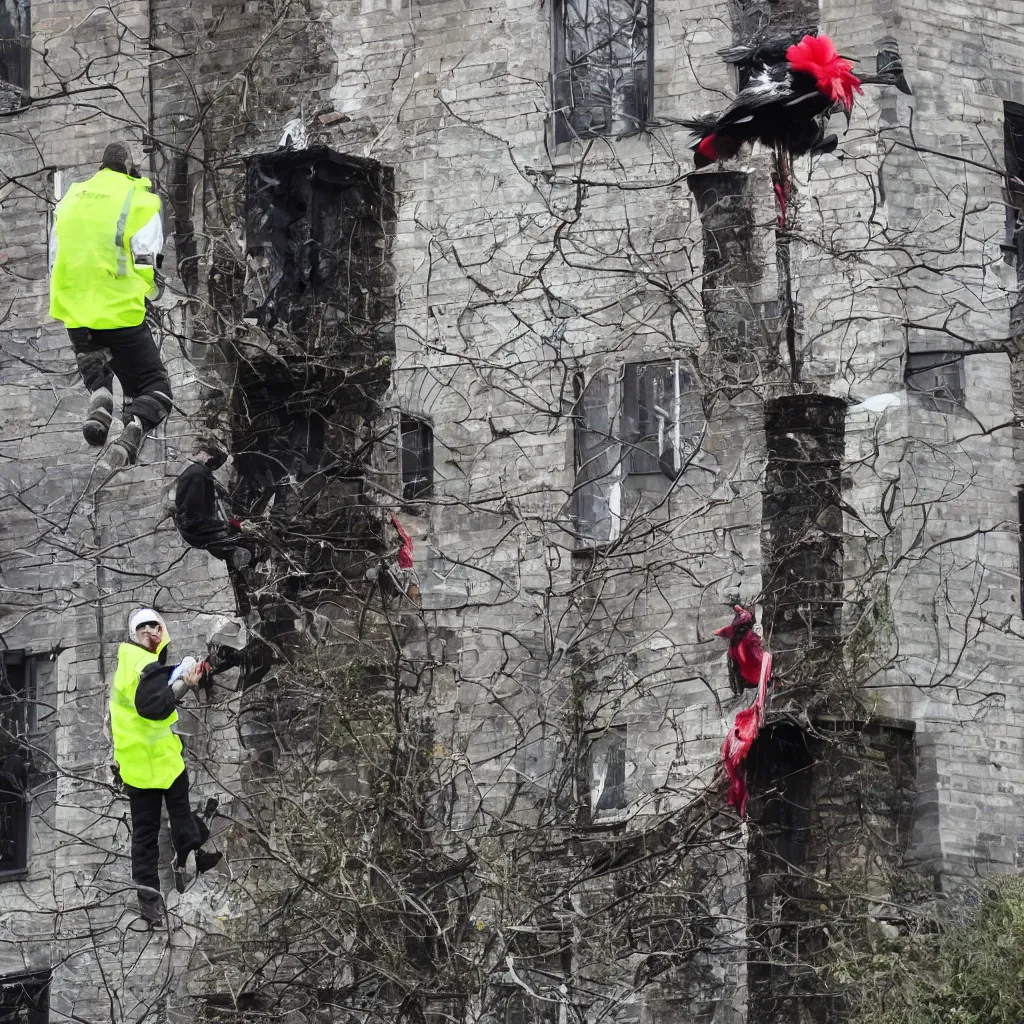 Prompt: popped out a chimney, wrapping its fangs around either a magpie or a tv aerial. people were hounding their coworkers into sponsoring their suicides, to raise money for the samaritans.