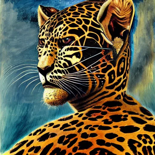 Image similar to an intricated and detailed painting of a shaman turning into a jaguar by salvador dali 4 k render