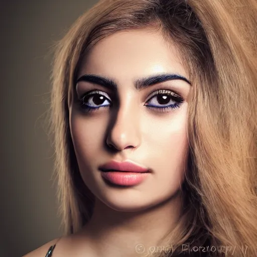 Prompt: portrait of a majestic Iranian young woman with long blonde hair, photorealist, 4k, DSLR Photograph